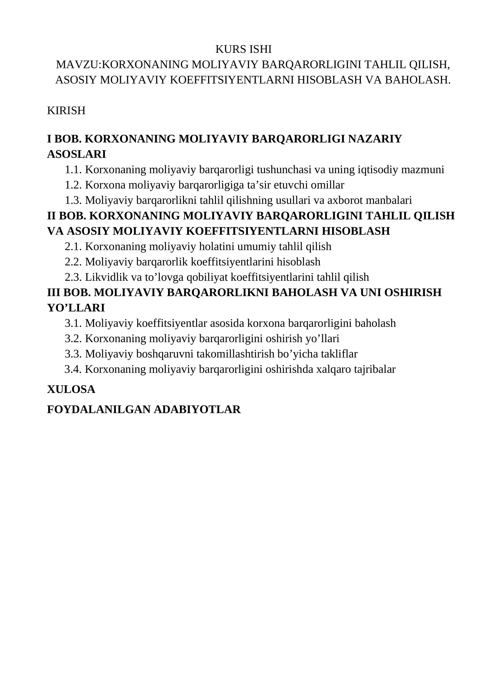 KORXONANING MOLIYAVIY BARQARORLIGINI TAHLIL QILISH