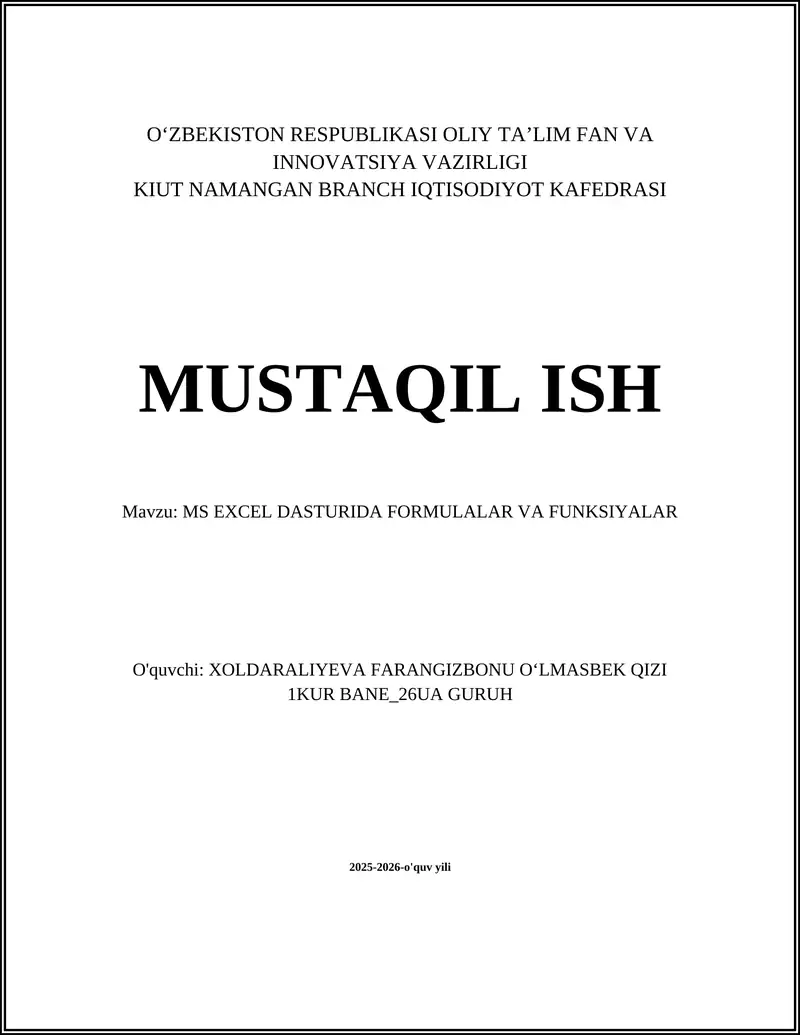 MS EXCEL DASTURIDA FORMULALAR VA FUNKSIYALAR