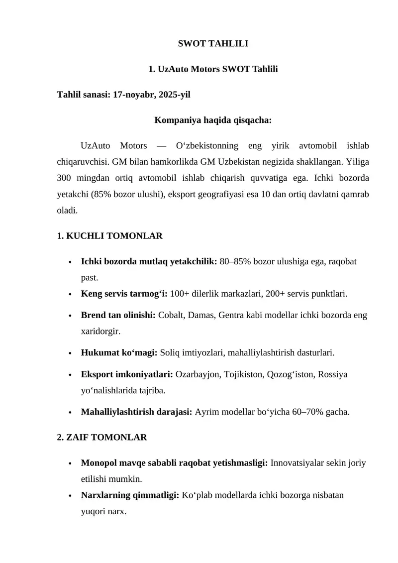 UzAuto Motors SWOT Tahlili