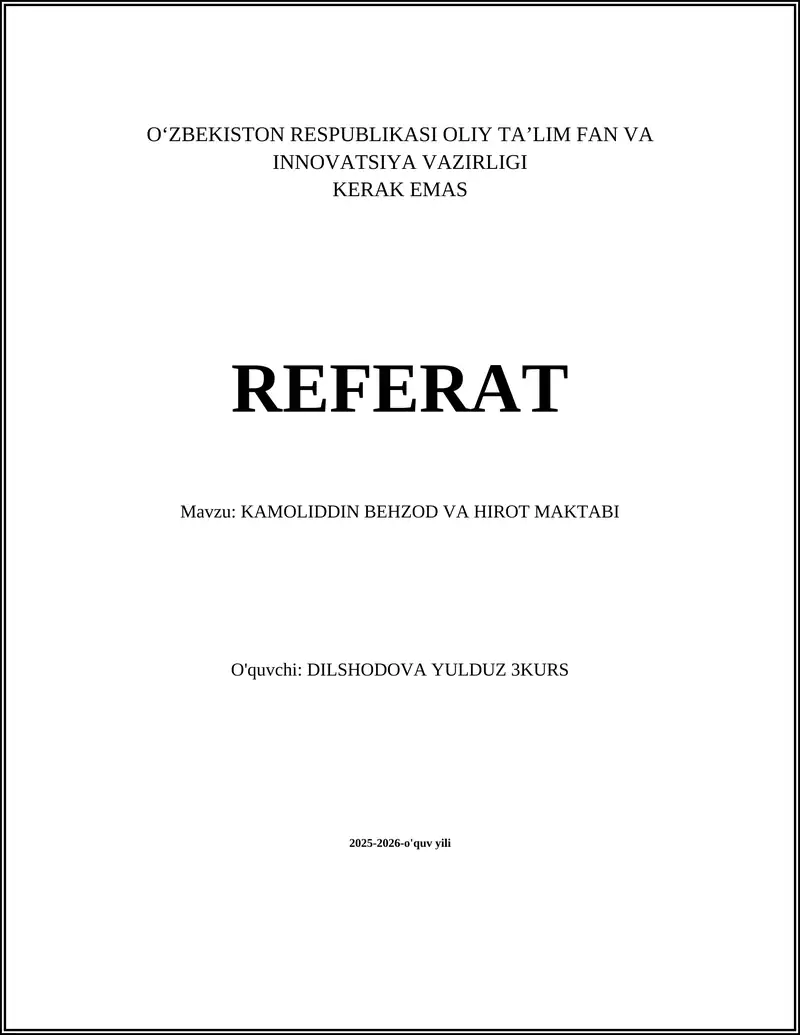 Kamoliddin Behzod va Hirot Maktabi Referat