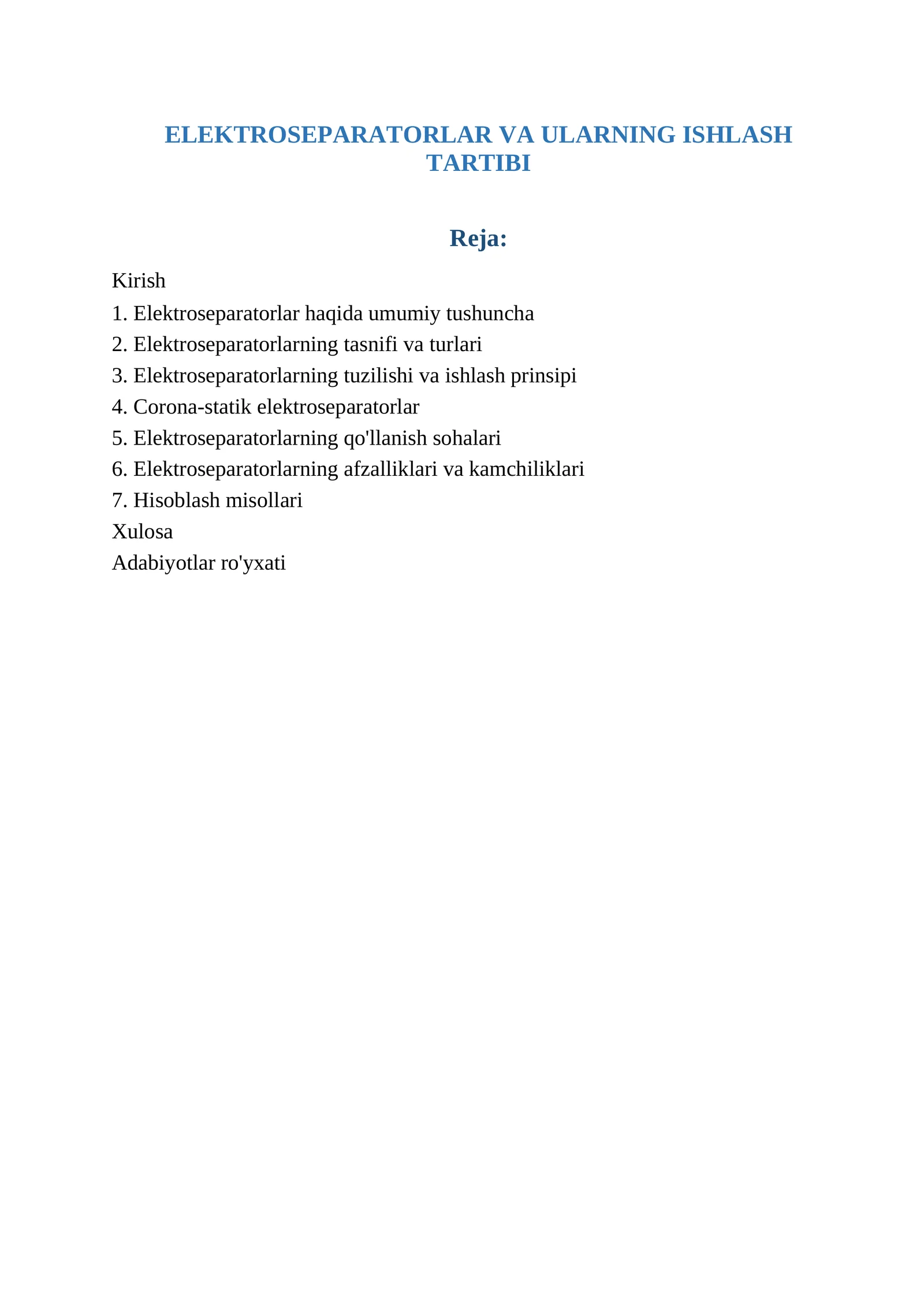 ELEKTROSEPARATORLAR VA ULARNING ISHLASH TARTIBI