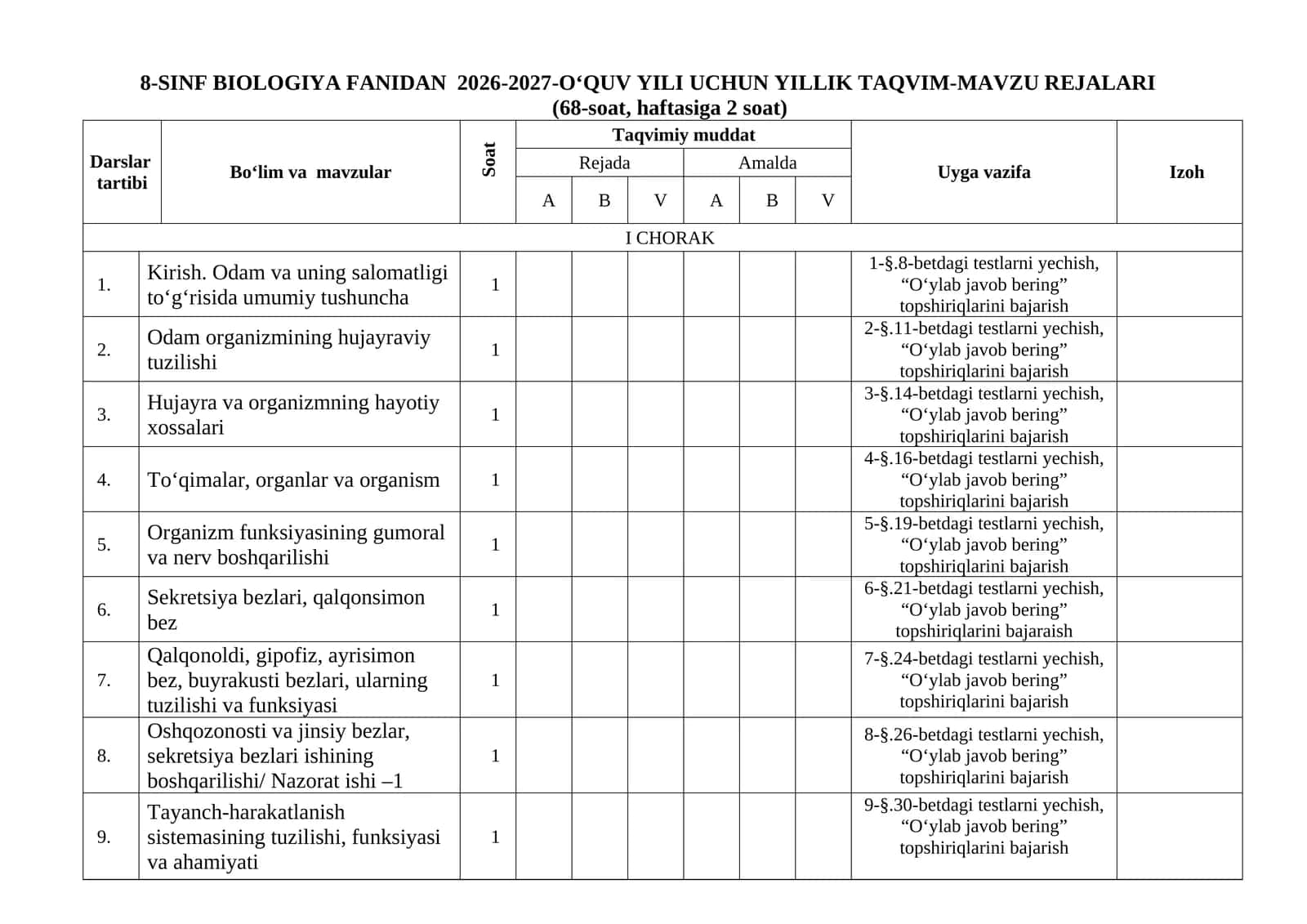 8-sinf biologiyai ish reja 2026-yil