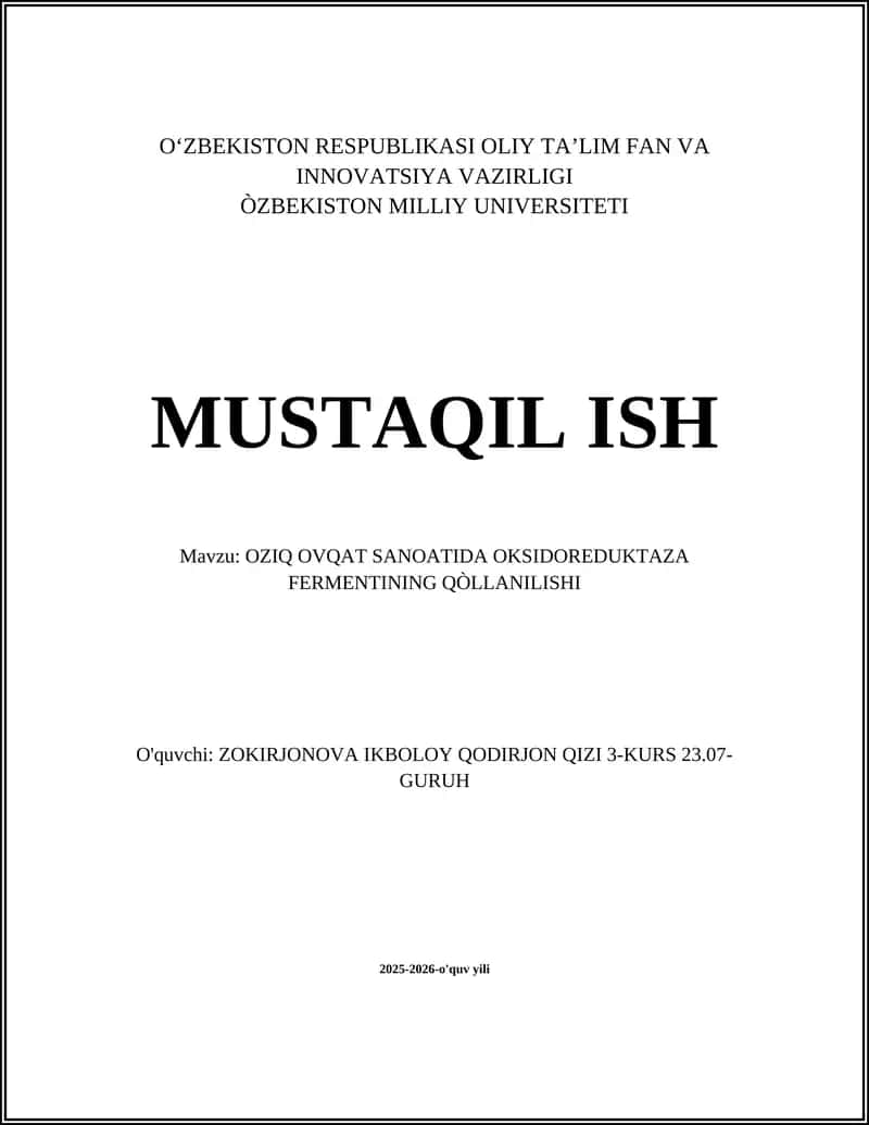 OZIQ OVQAT SANOATIDA OKSIDOREDUKTAZA FERMENTINING QÒLLANILISHI