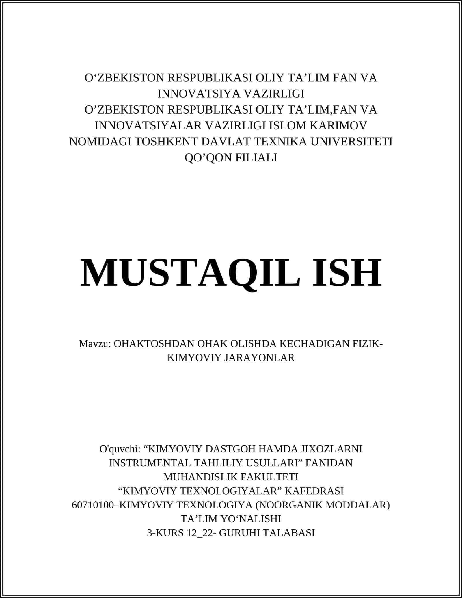 OHAKTOSHDAN OHAK OLISHDA KECHADIGAN FIZIK-KIMYOVIY JARAYONLAR