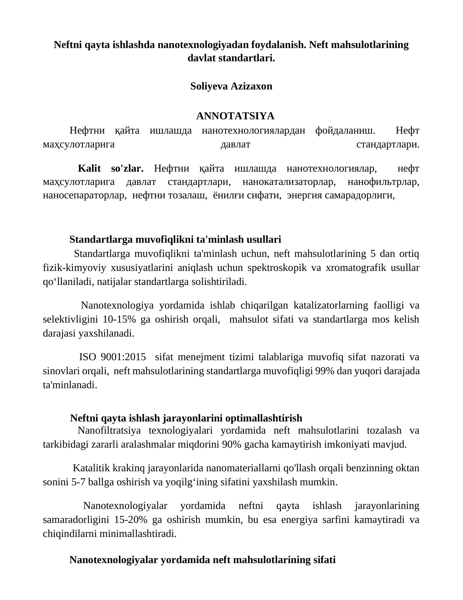 Neftni qayta ishlashda nanotexnologiyadan foydalanish