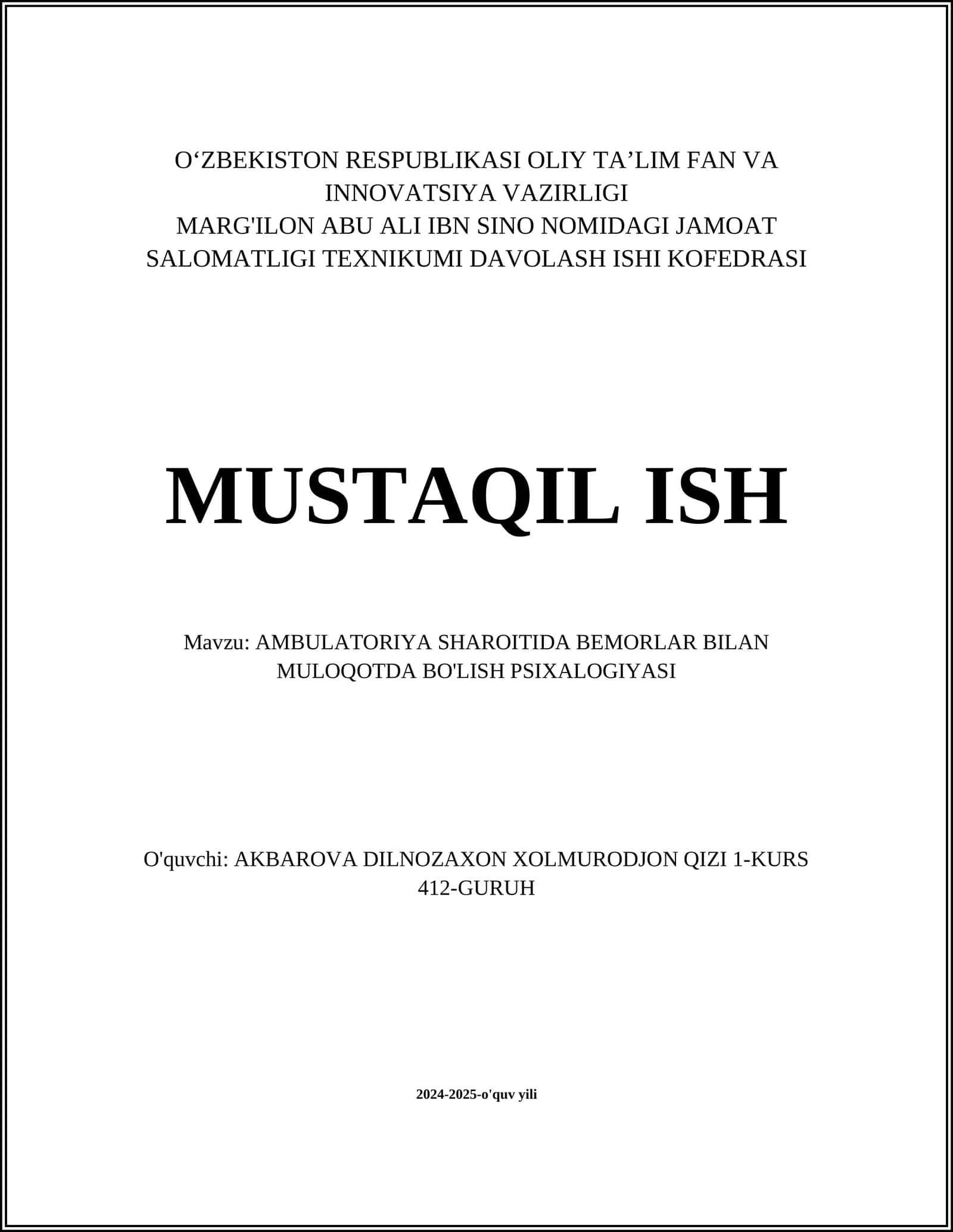 AMBULATORIYA SHAROITIDA BEMORLAR BILAN MULOQOTDA BO'LISH PSIXALOGIYASI