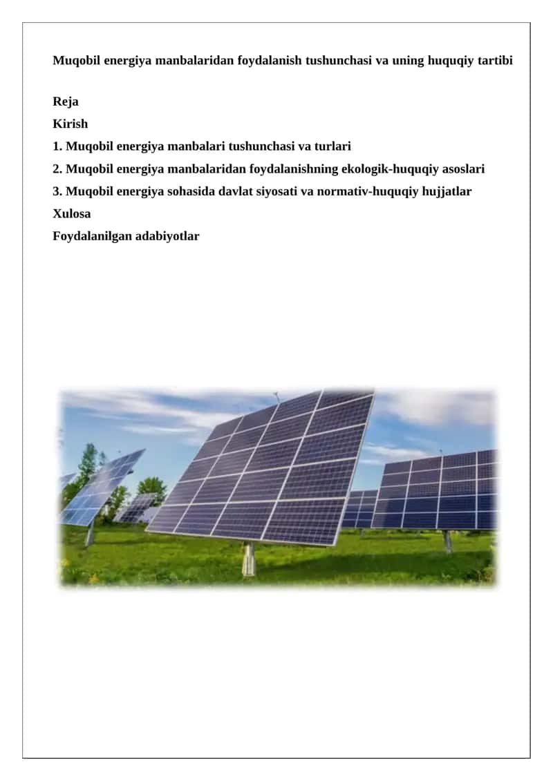 Muqobil energiya manbalaridan foydalanish tushunchasi va uning huquqiy tartibi