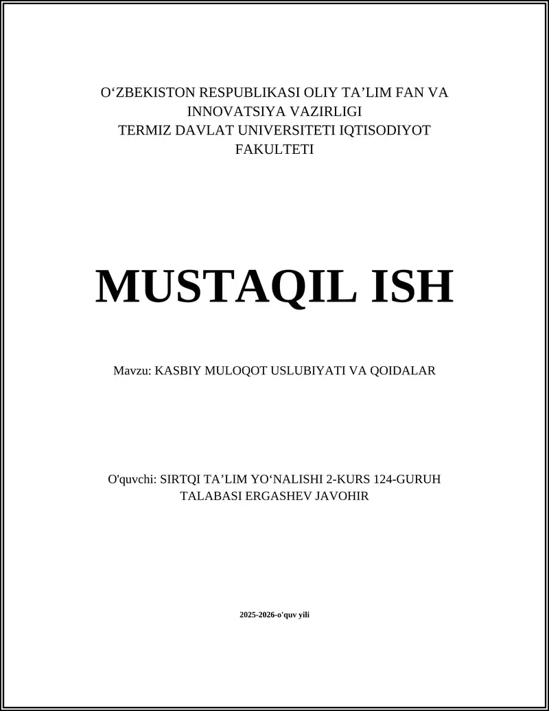 KASBIY MULOQOT USLUBIYATI VA QOIDALAR