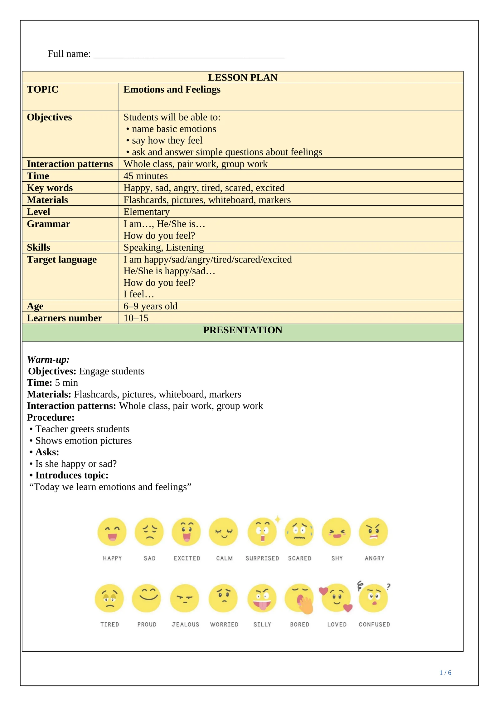 LESSON PLAN ESP emotions and feelings