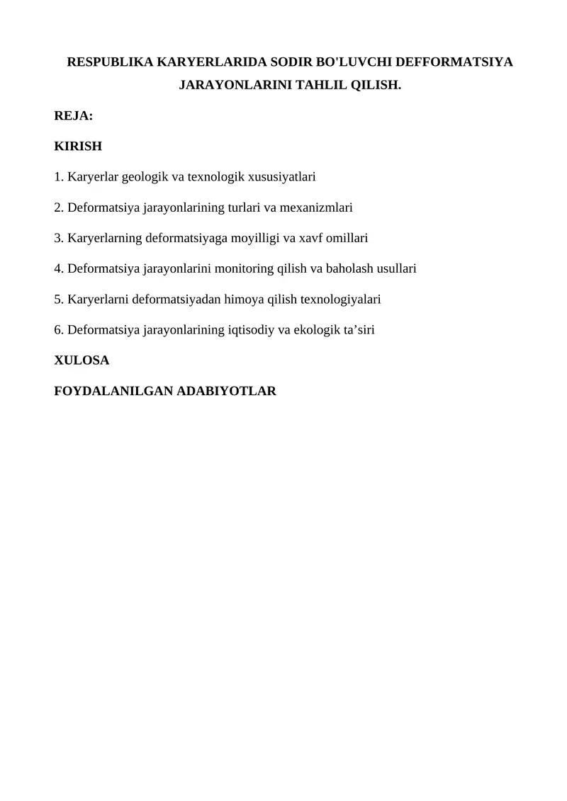 RESPUBLIKA KARYERLARIDA SODIR BO'LUVCHI DEFFORMATSIYA JARAYONLARINI TAHLIL QILISH