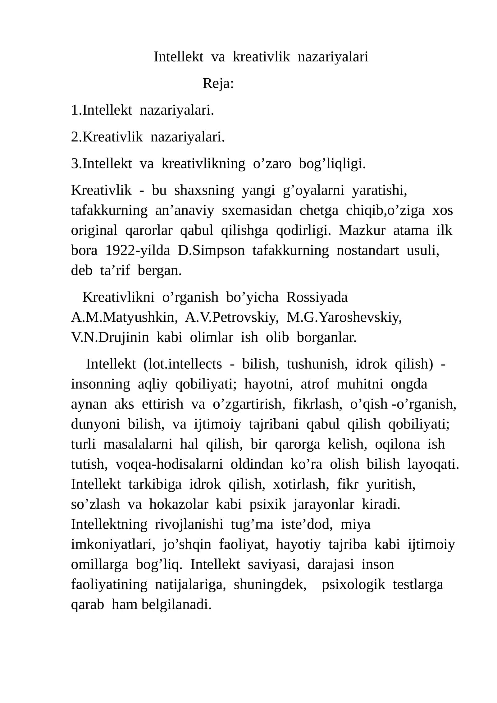 Intellekt va kreativlik nazariyalari