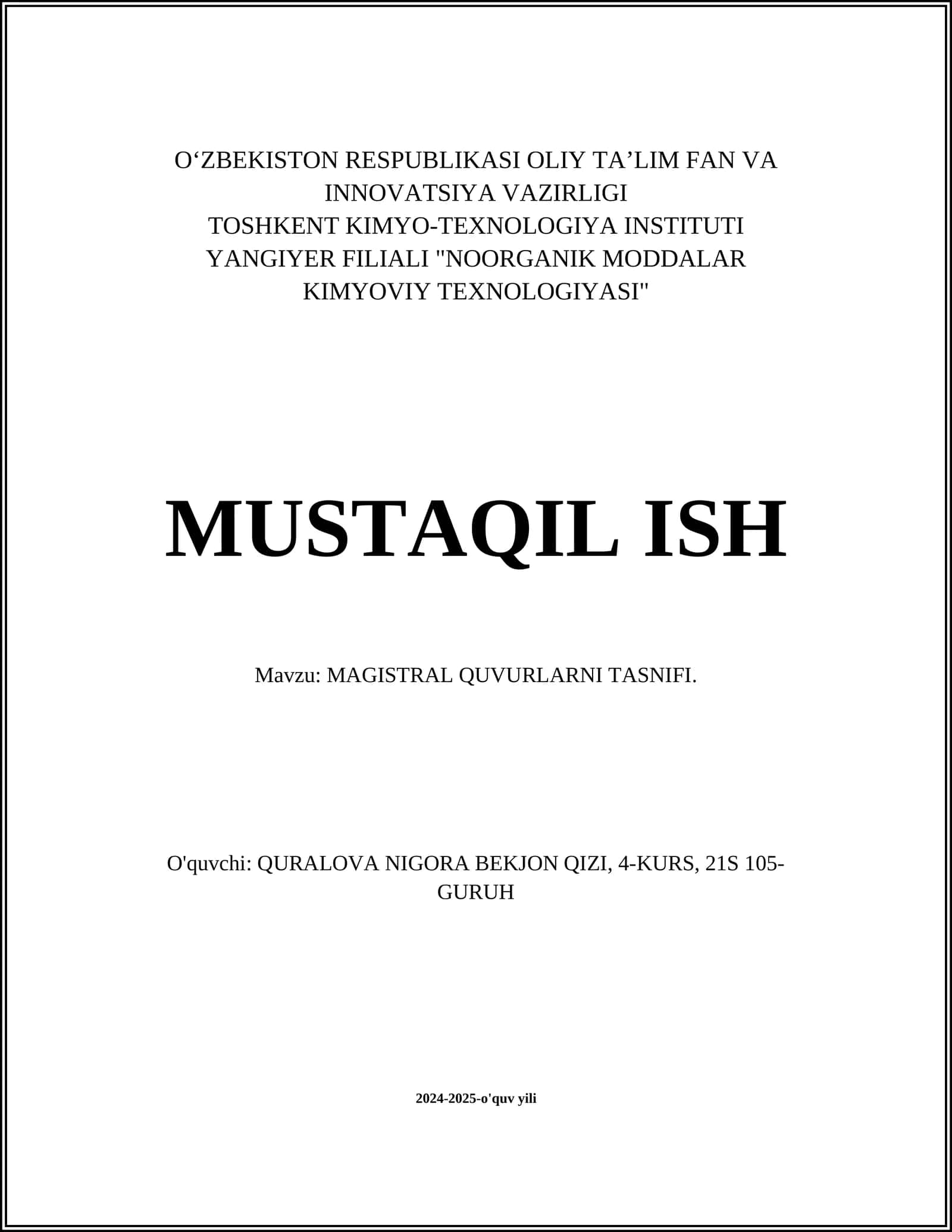 MAGISTRAL QUVURLARNI TASNIFI