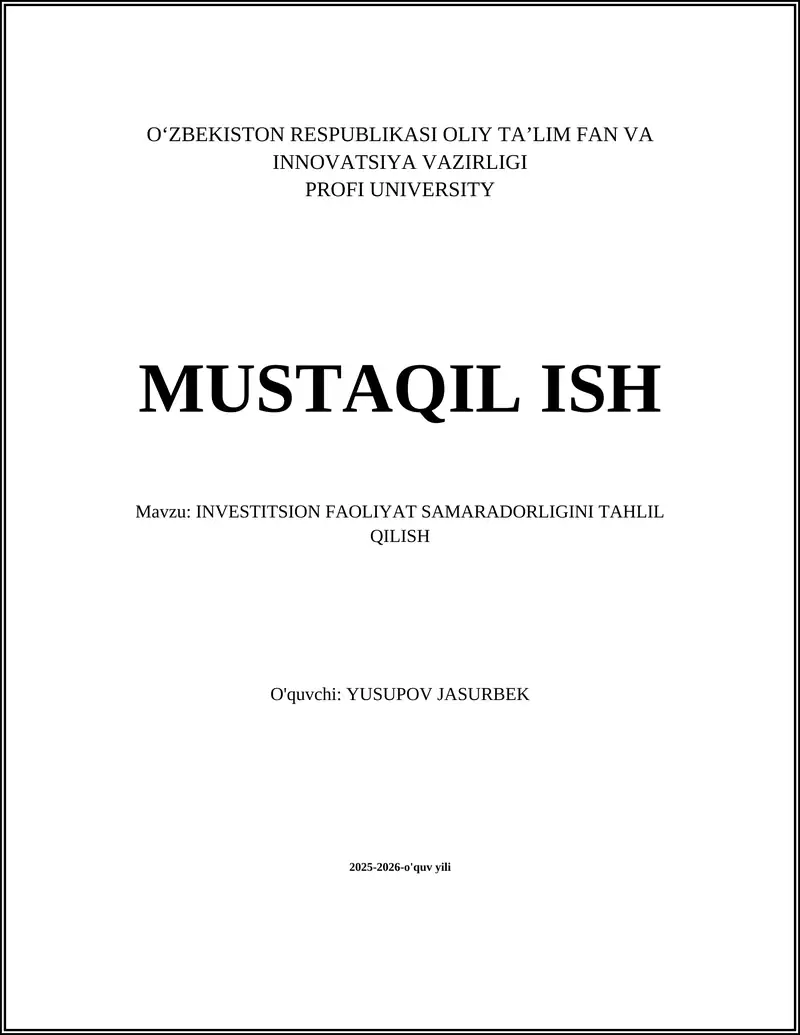 INVESTITSION FAOLIYAT SAMARADORLIGINI TAHLIL QILISH