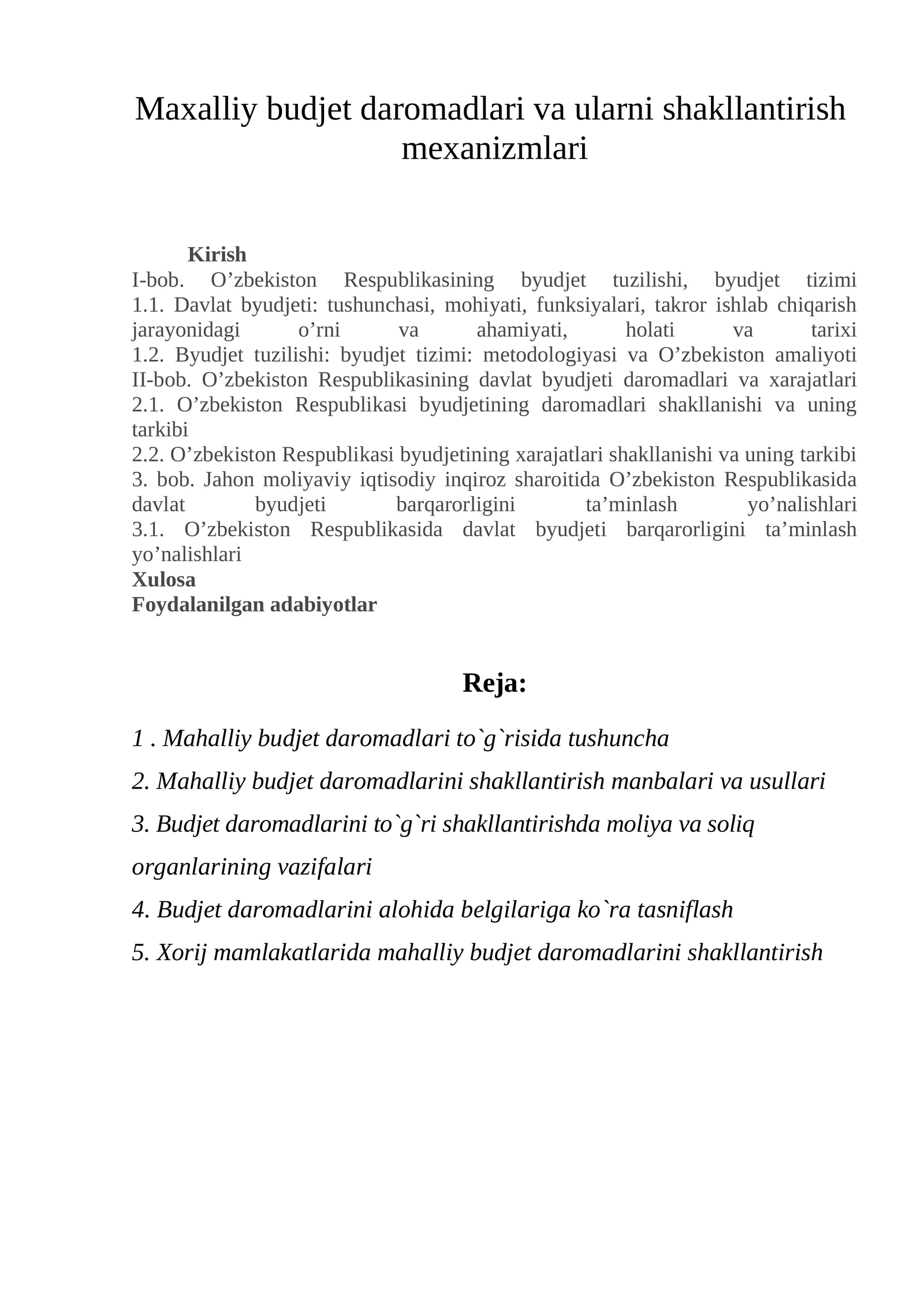 Mahalliy budjet darоmadlari va ularni shakllantirish mехanizmlari