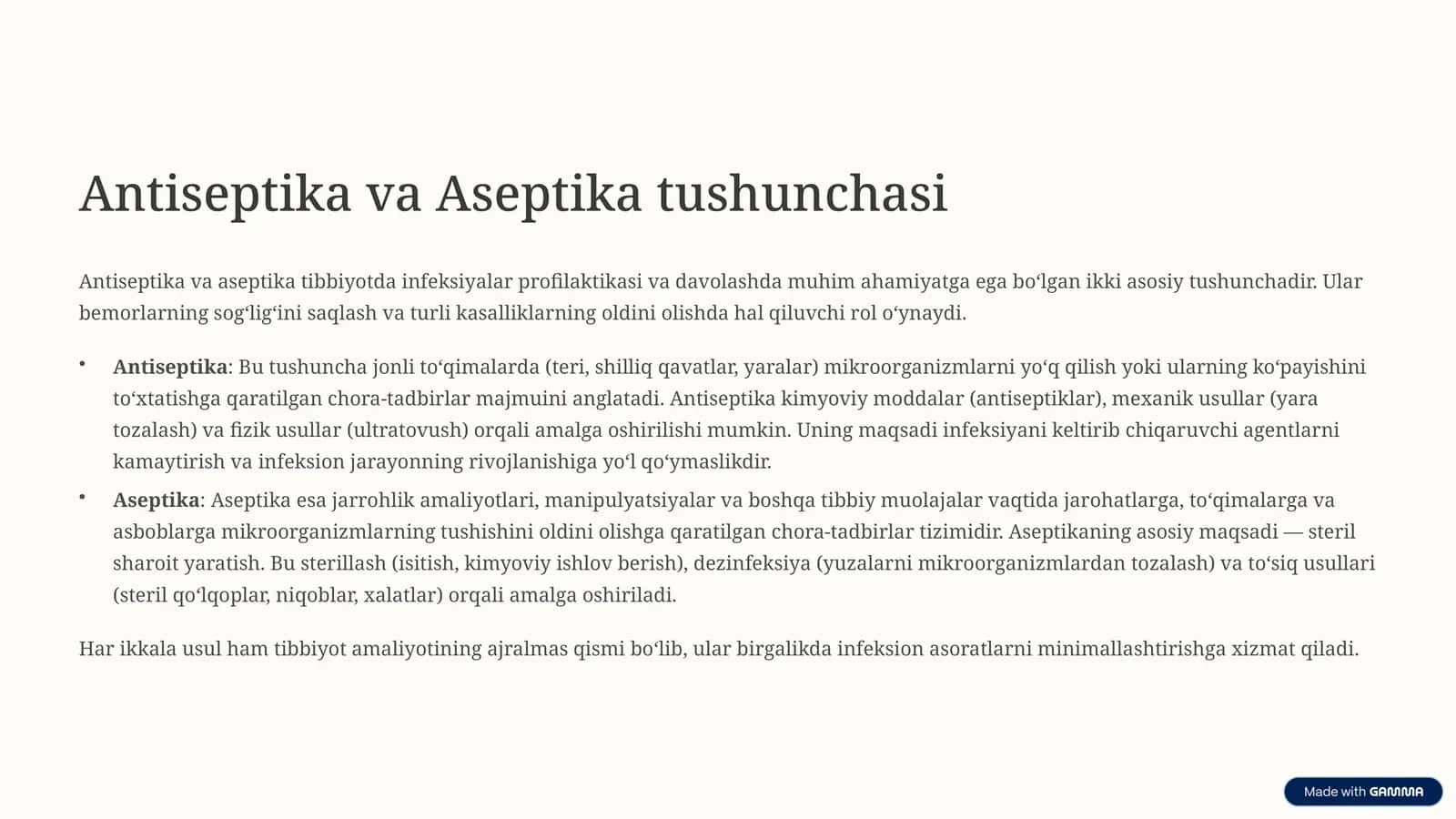 Antiseptika va Aseptika tushunchasi