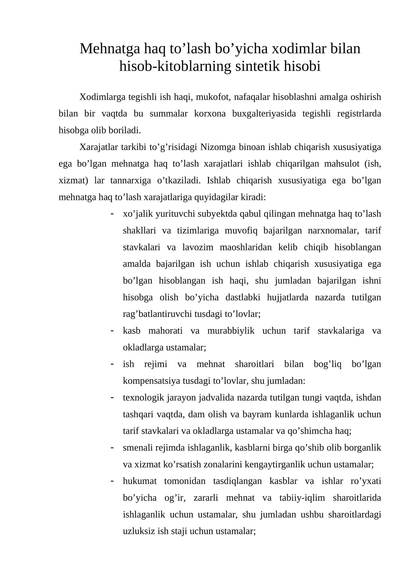 Mehnatga haq to’lash bo’yicha xodimlar bilan hisob-kitoblarning sintetik hisobi
