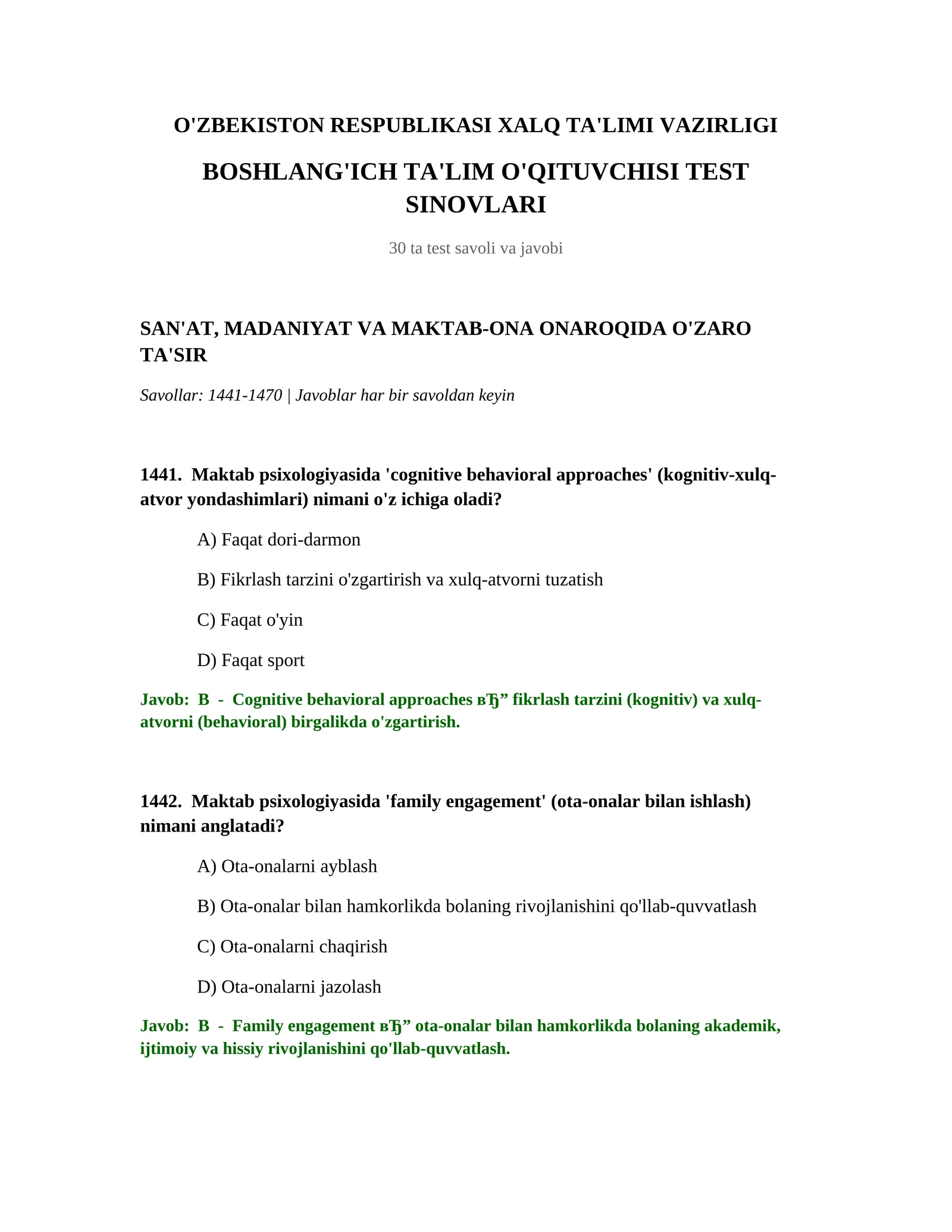MAKTAB PSIXOLOGIYASI TEST SINOVLARI