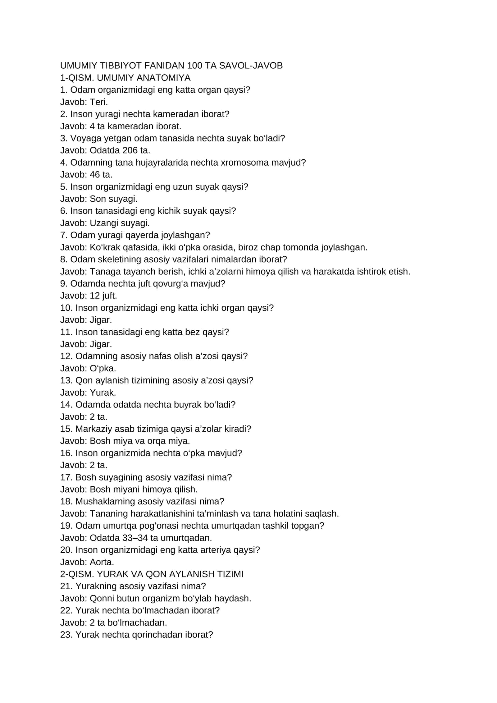UMUMIY TIBBIYOT FANIDAN 100 TA SAVOL-JAVOB