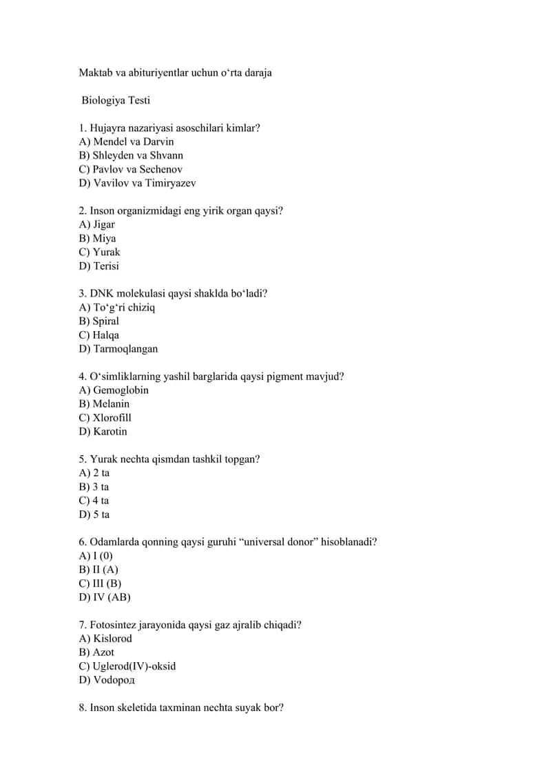 Biologiya fanidan testlar