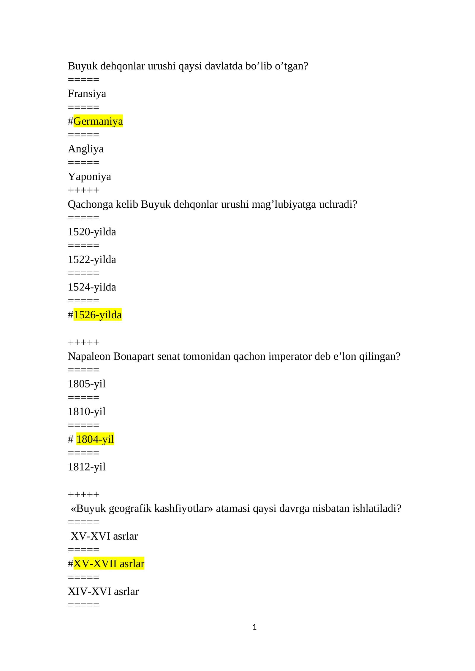 Jahon tarixi test