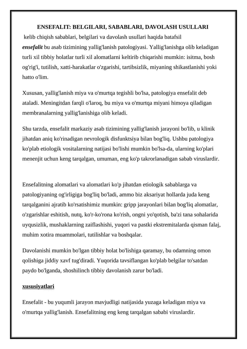 Ensefalit: Belgilari, Sabablari, Davolash Usullari