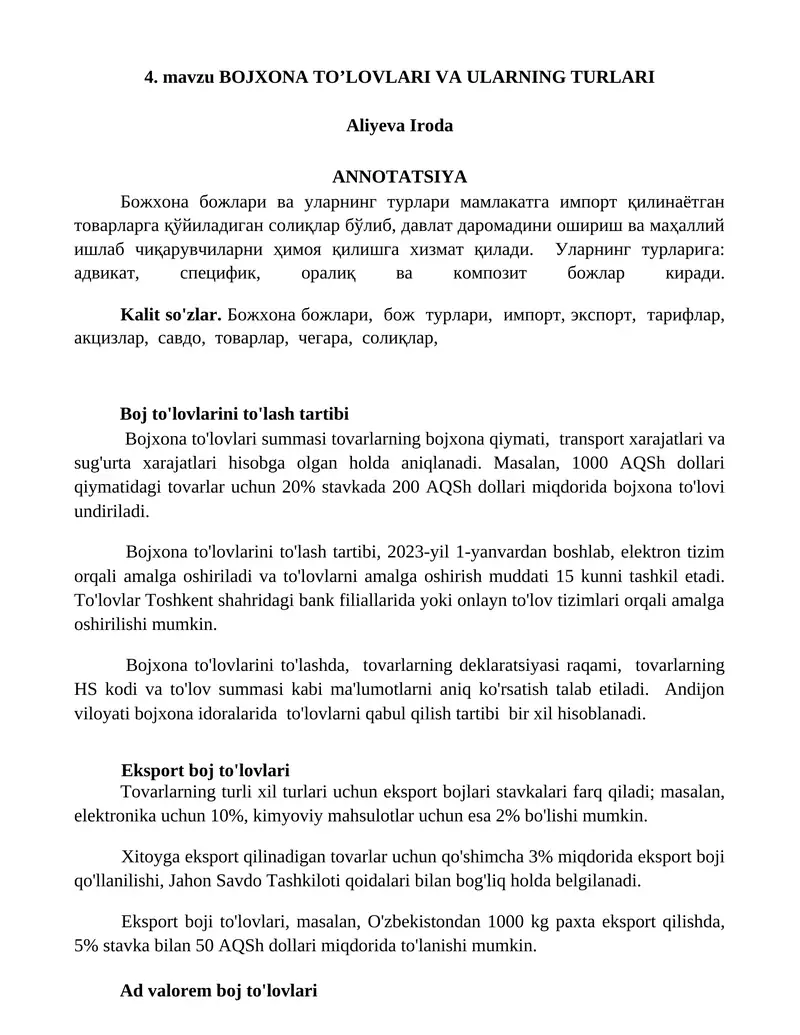 BOJXONA TO’LOVLARI VA ULARNING TURLARI