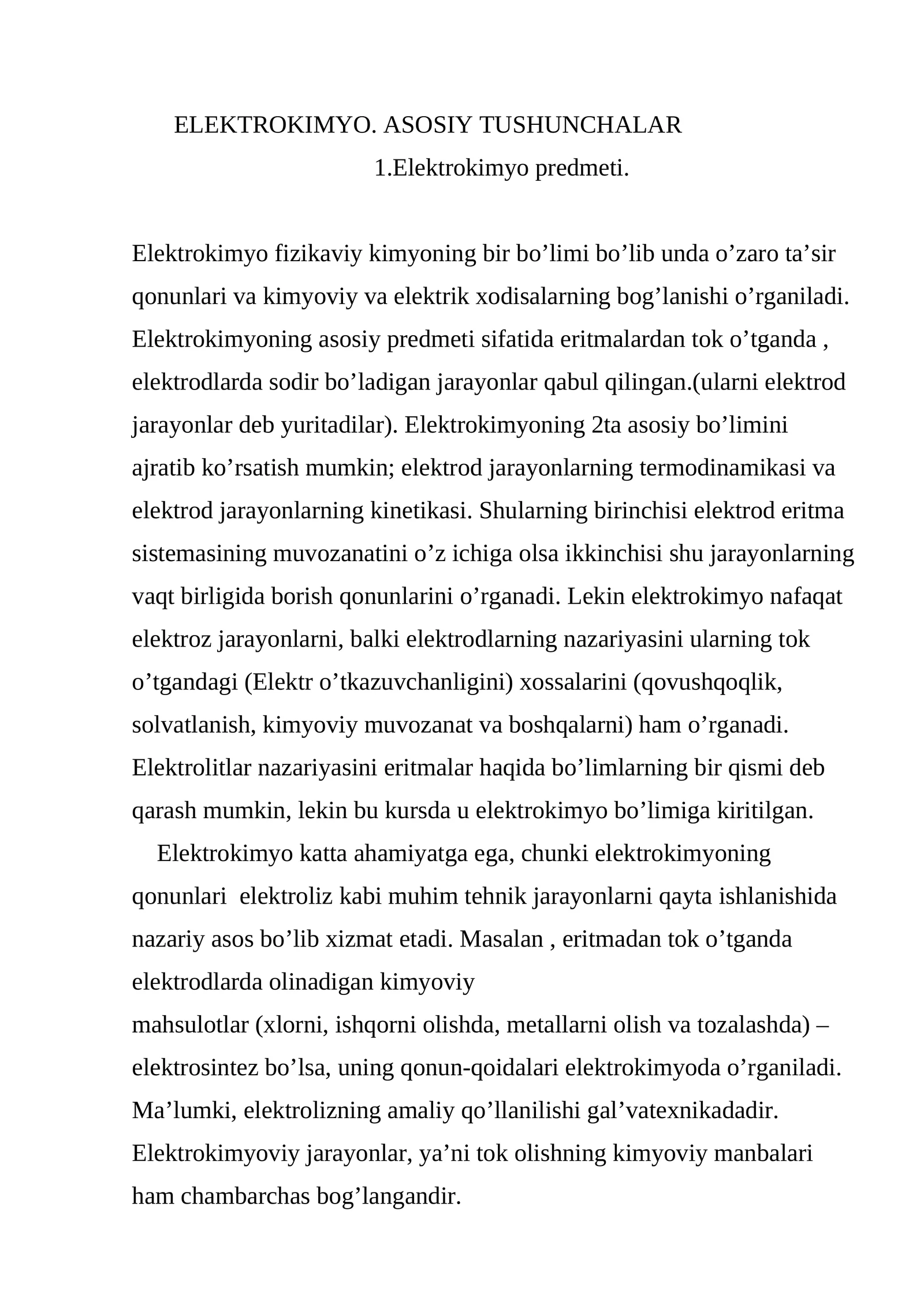 ELEKTROKIMYO. ASOSIY TUSHUNCHALAR