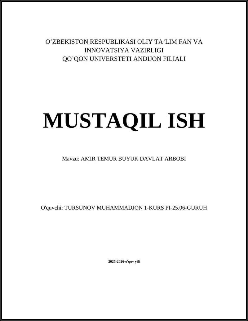 AMIR TEMUR BUYUK DAVLAT ARBOBI