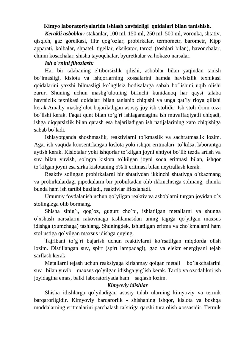 Kimyo laboratoriyalarida ishlash xavfsizligi qoidalari bilan tanishish