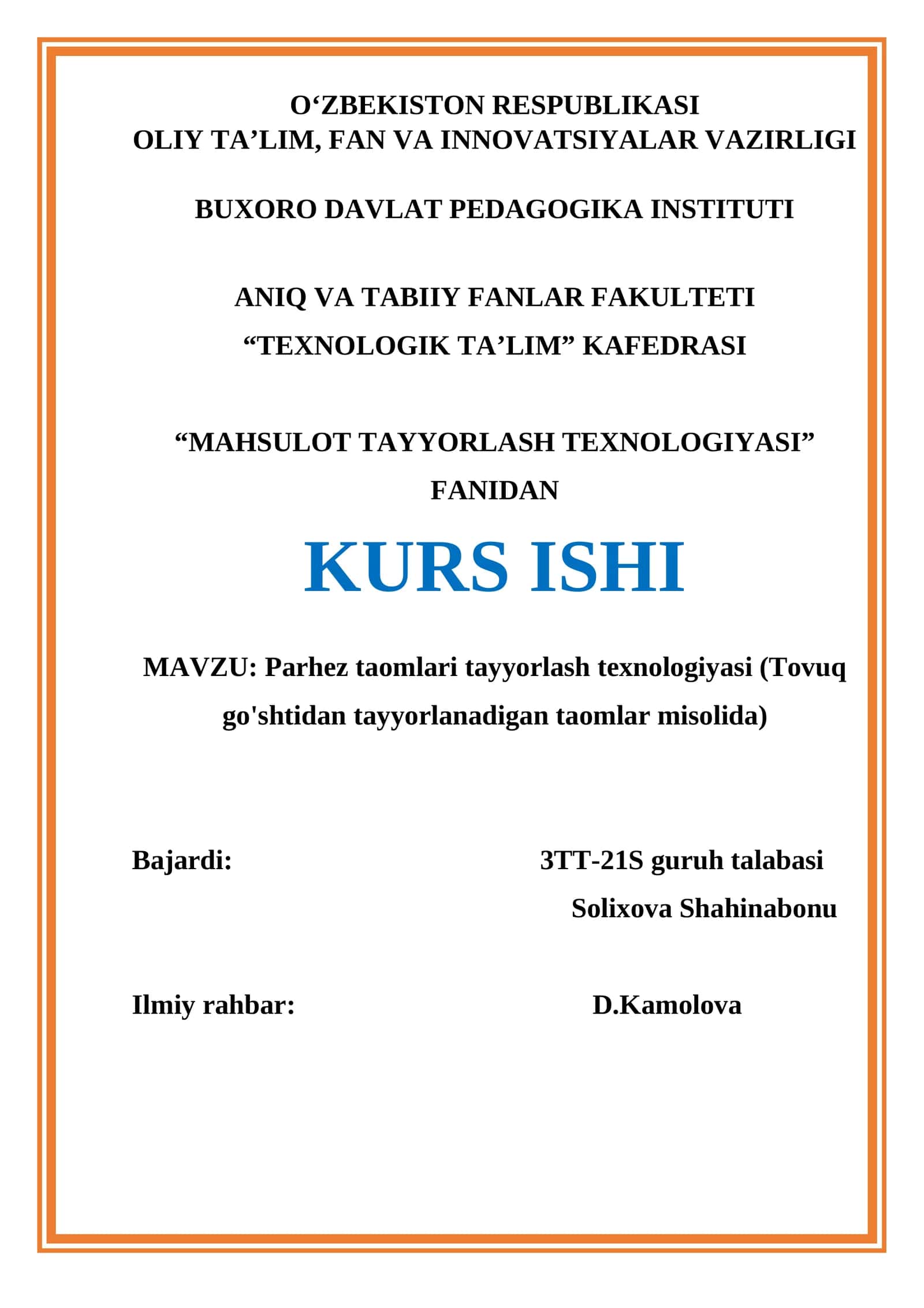 Parhez taomlari tayyorlash texnologiyasi