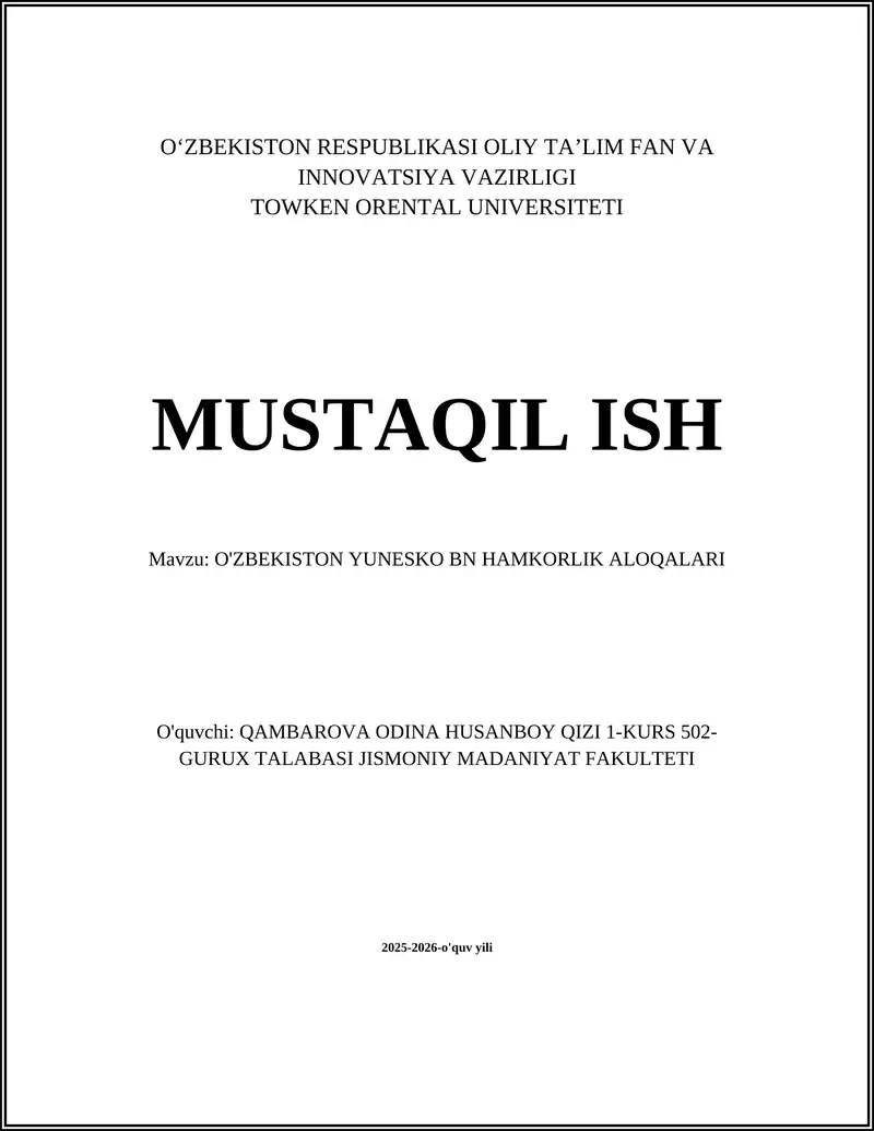 O'ZBEKISTON YUNESKO BN HAMKORLIK ALOQALARI