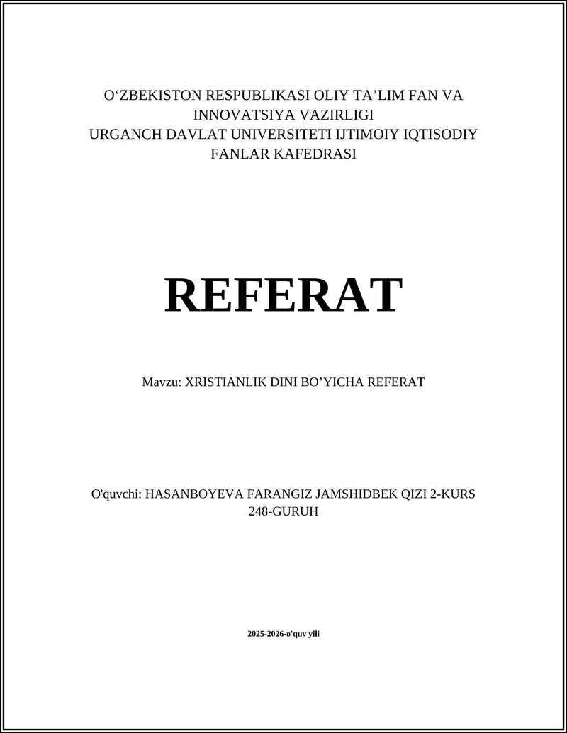 XRISTIANLIK DINI BO’YICHA REFERAT