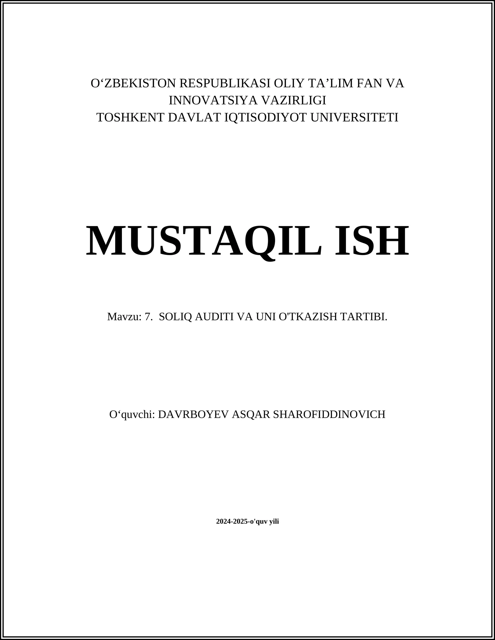SOLIQ AUDITI VA UNI O'TKAZISH TARTIBI