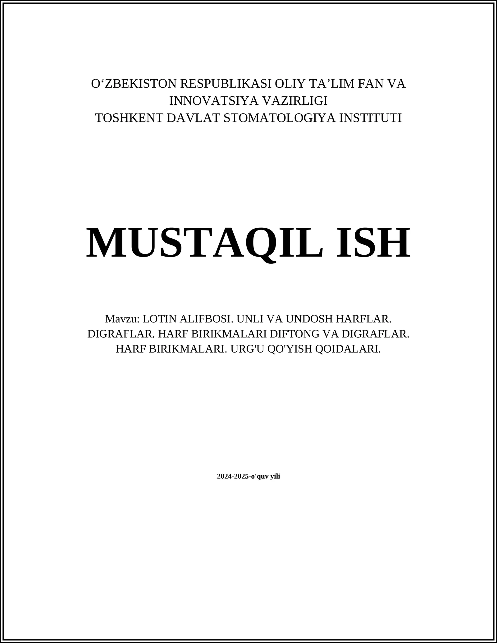 LOTIN ALIFBOSI. UNLI VA UNDOSH HARFLAR. DIGRAFLAR. HARF BIRIKMALARI DIFTONG VA DIGRAFLAR. HARF BIRIKMALARI. URG'U QO'YISH QOIDALARI