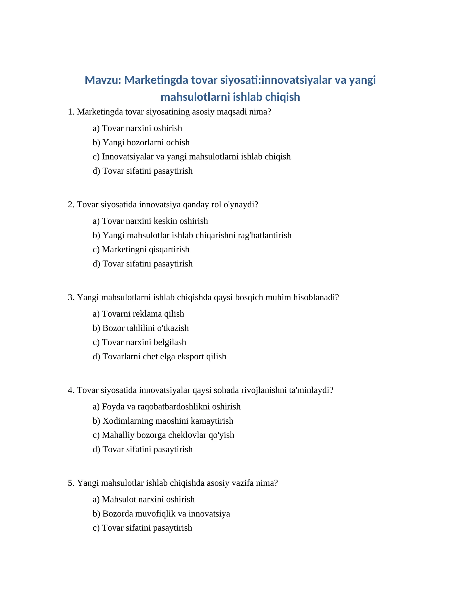 Marketingda tovar siyosati:innovatsiyalar va yangi mahsulotlarni ishlab chiqish