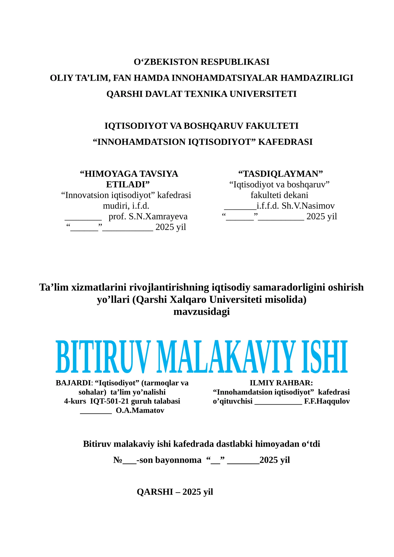 Ta’lim xizmatlarini rivojlantirishning iqtisodiy samaradorligini oshirish yo’llari