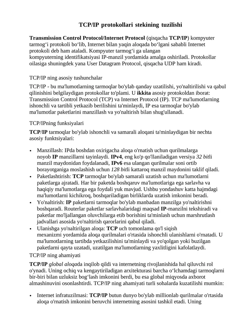 TCP/IP protokollari stekining tuzilishi