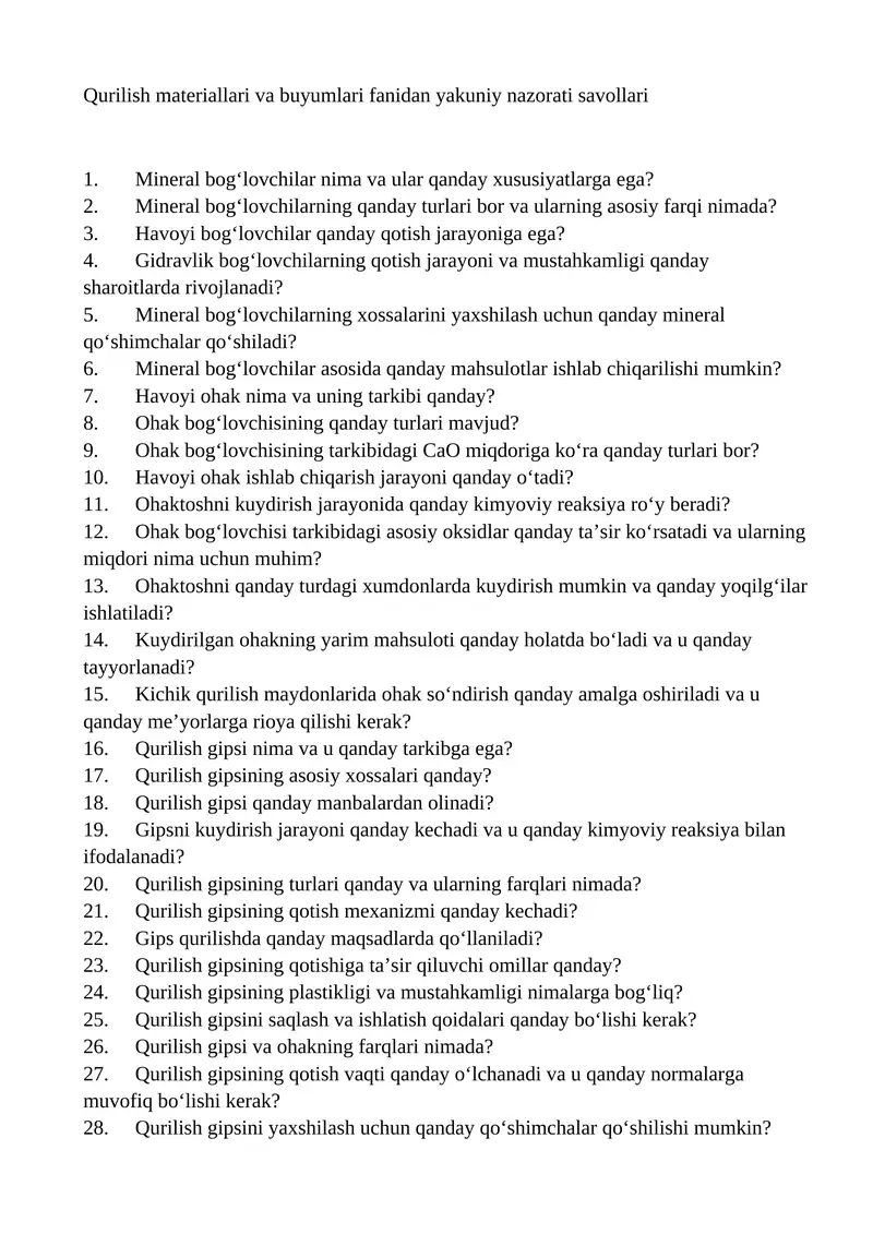Qurilish materiallari va buyumlari fanidan yakuniy nazorati savollari