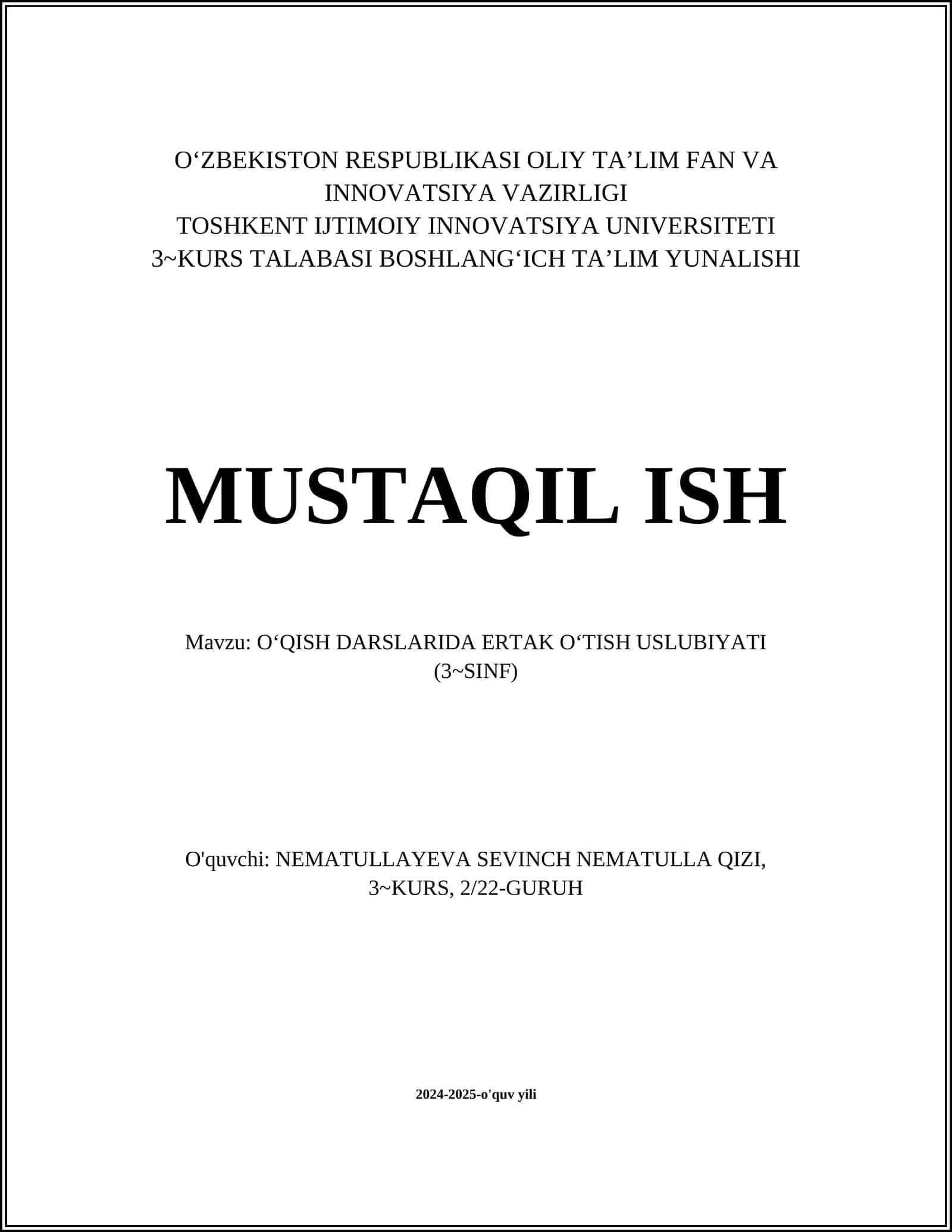O‘QISH DARSLARIDA ERTAK O‘TISH USLUBIYATI (3~SINF)