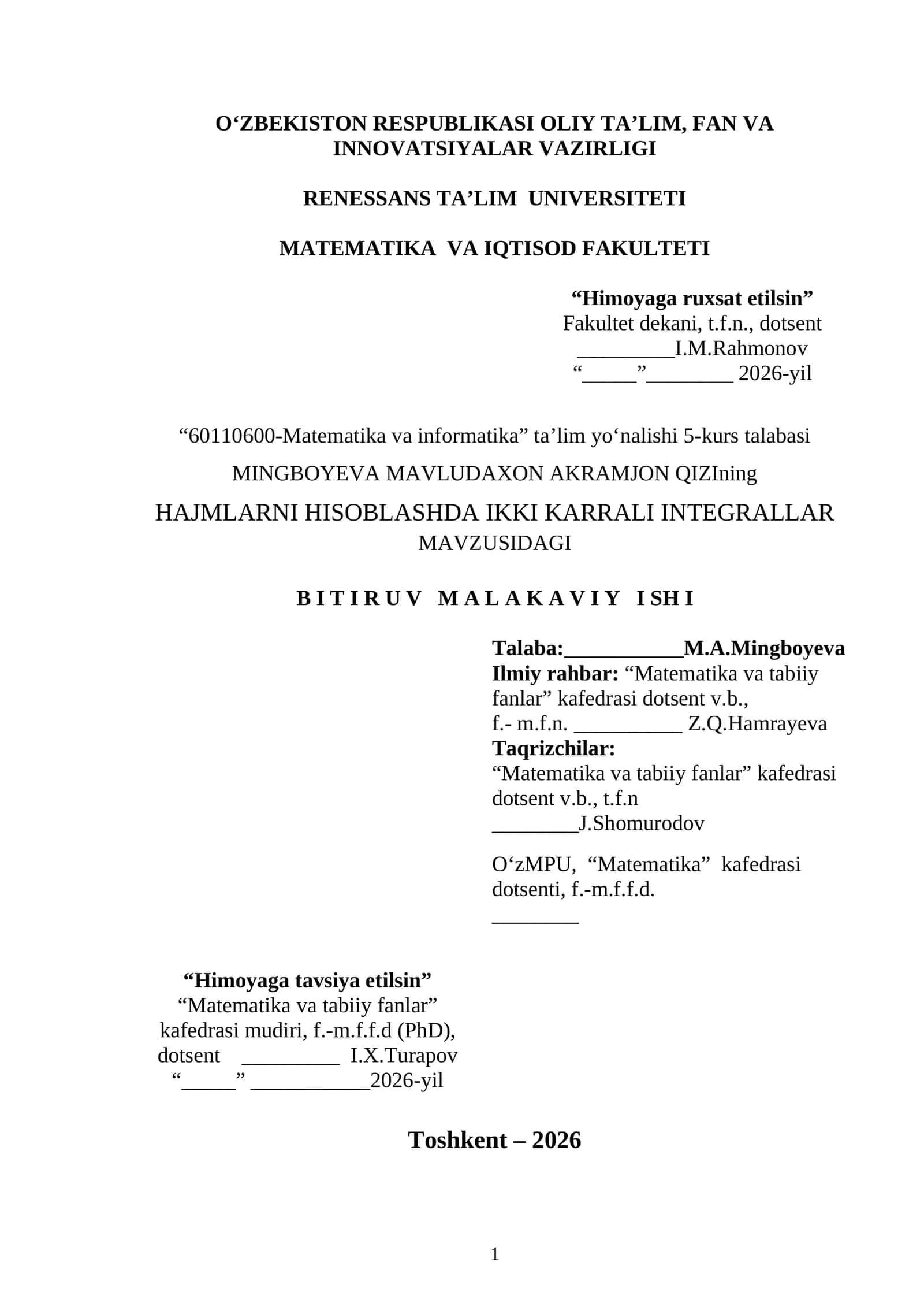 IKKI KARRALI INTEGRALLARNING NAZARIY ASOSLARI