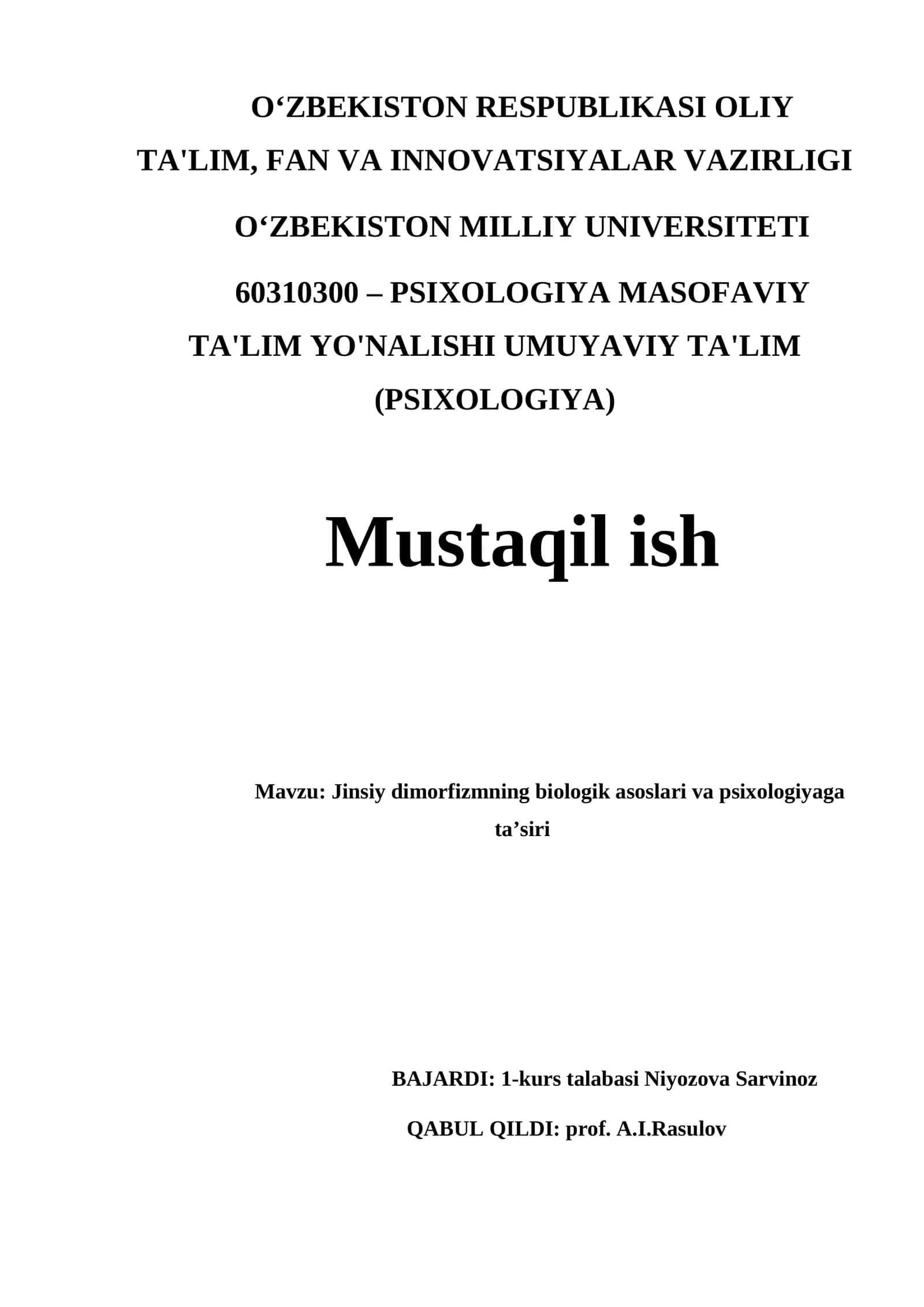 Jinsiy dimorfizmning biologik asoslari va psixologiyaga ta’siri