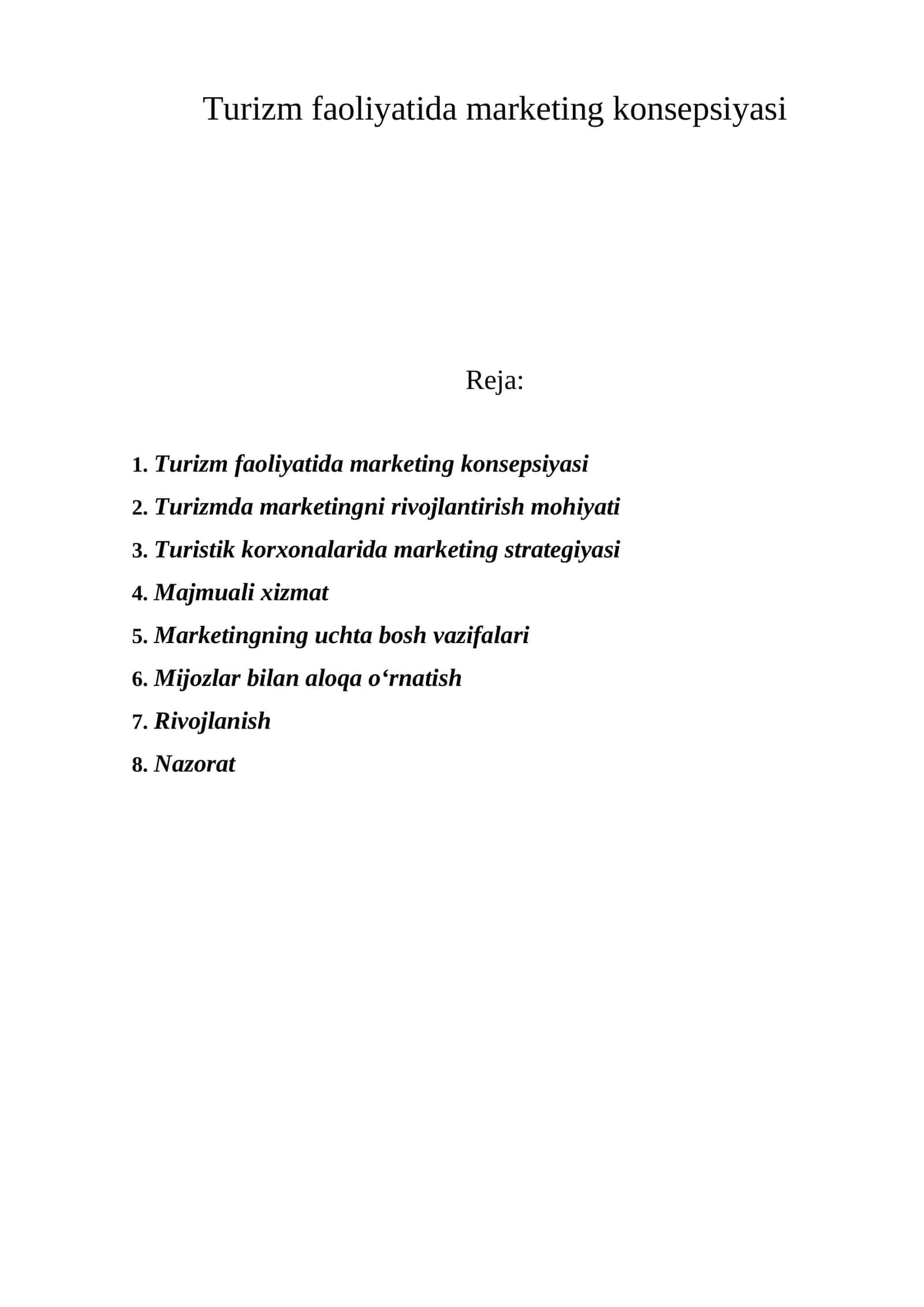 Turizm faoliyatida marketing konsepsiyasi