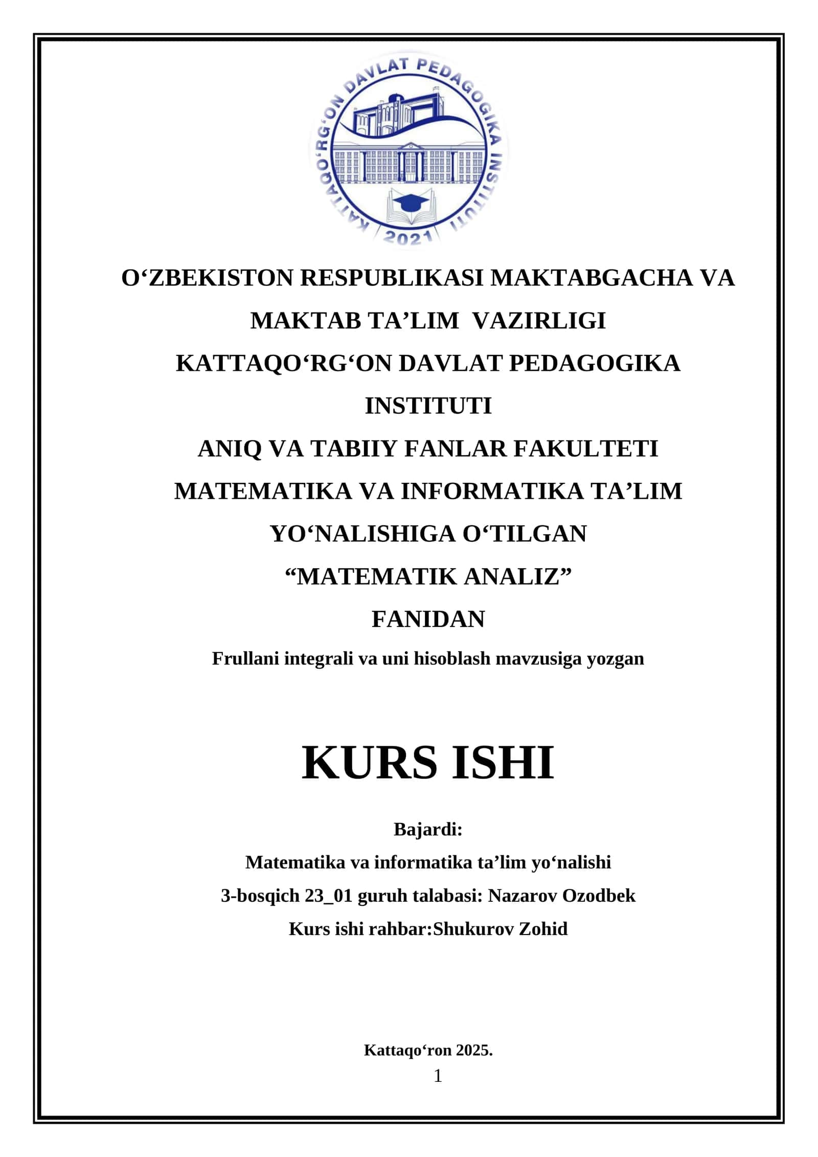Frullani integrali va uni hisoblash