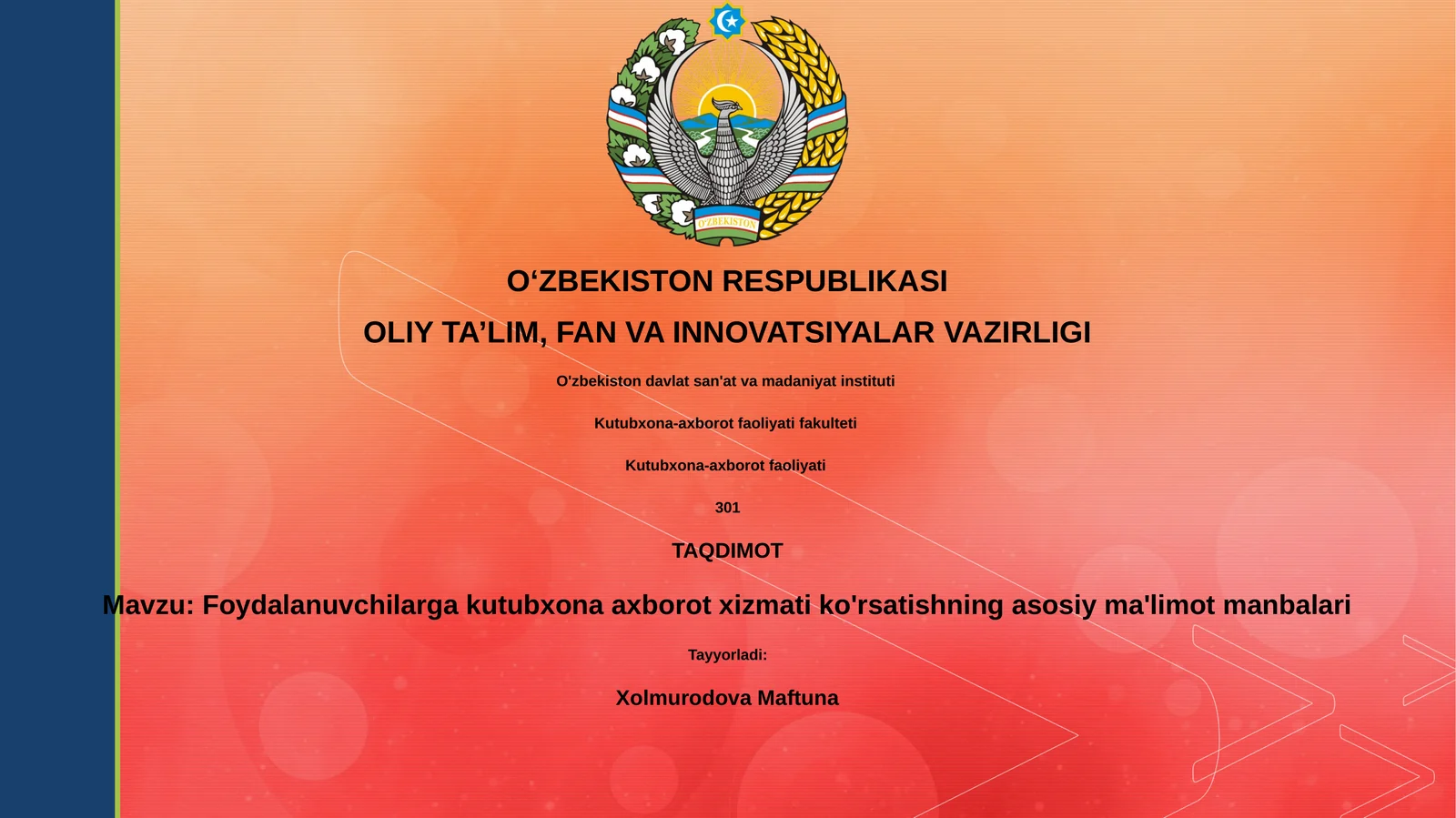 Foydalanuvchilarga kutubxona axborot xizmati ko'rsatishning asosiy ma'limot manbalari