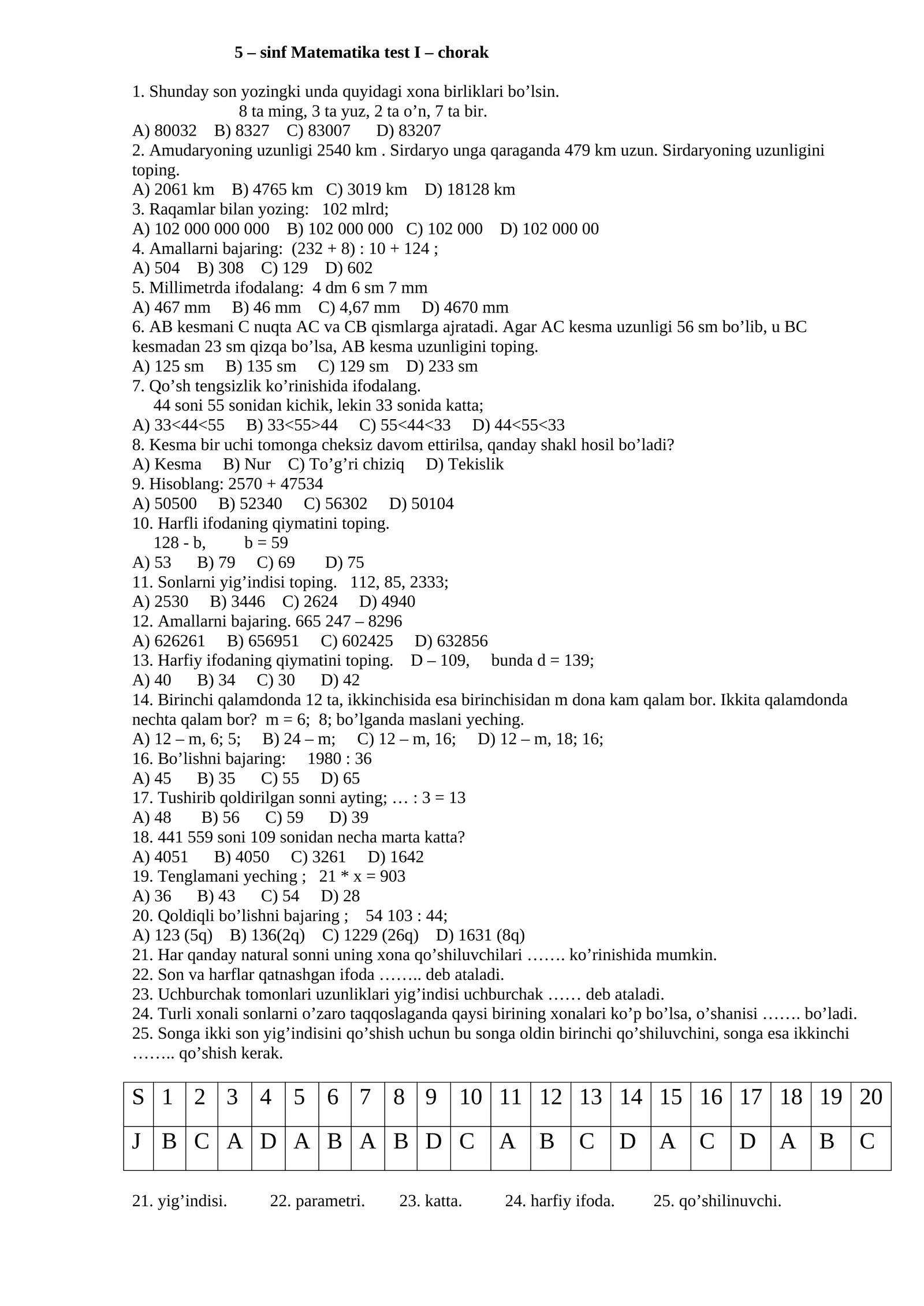 5 – sinf Matematika test I – chorak