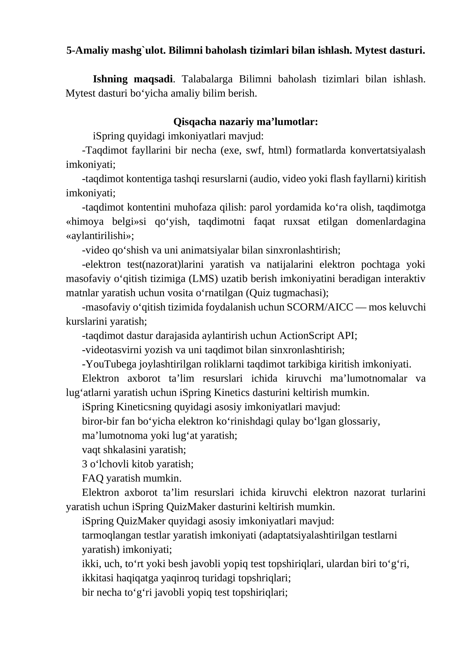 5-Amaliy mashg`ulot. Bilimni baholash tizimlari bilan ishlash. Mytest dasturi