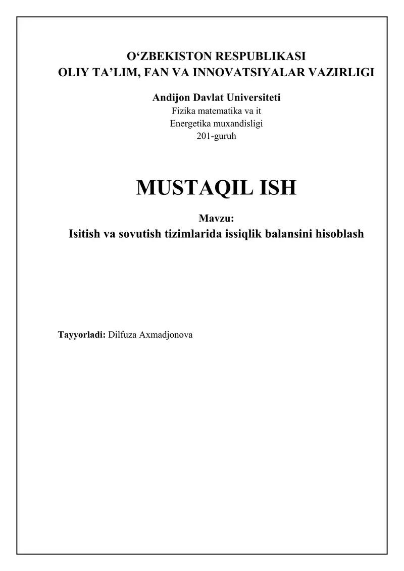 Isitish va sovutish tizimlarida issiqlik balansini hisoblash