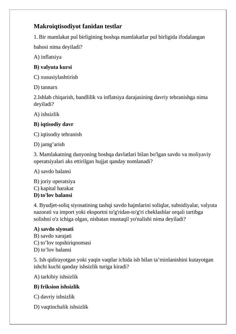 Makroiqtisodiyot fanidan testlar