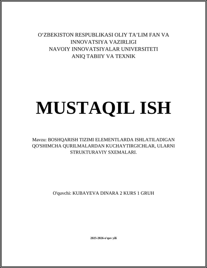 BOSHQARISH TIZIMI ELEMENTLARDA ISHLATILADIGAN QO'SHIMCHA QURILMALAR