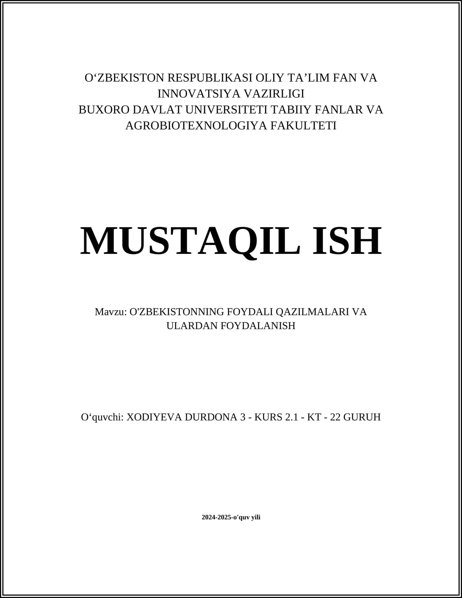 O'ZBEKISTONNING FOYDALI QAZILMALARI VA ULARDAN FOYDALANISH